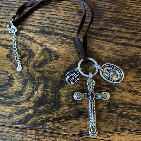 Jewelry - Silver Tone Cross Necklace With Leatherette Cord